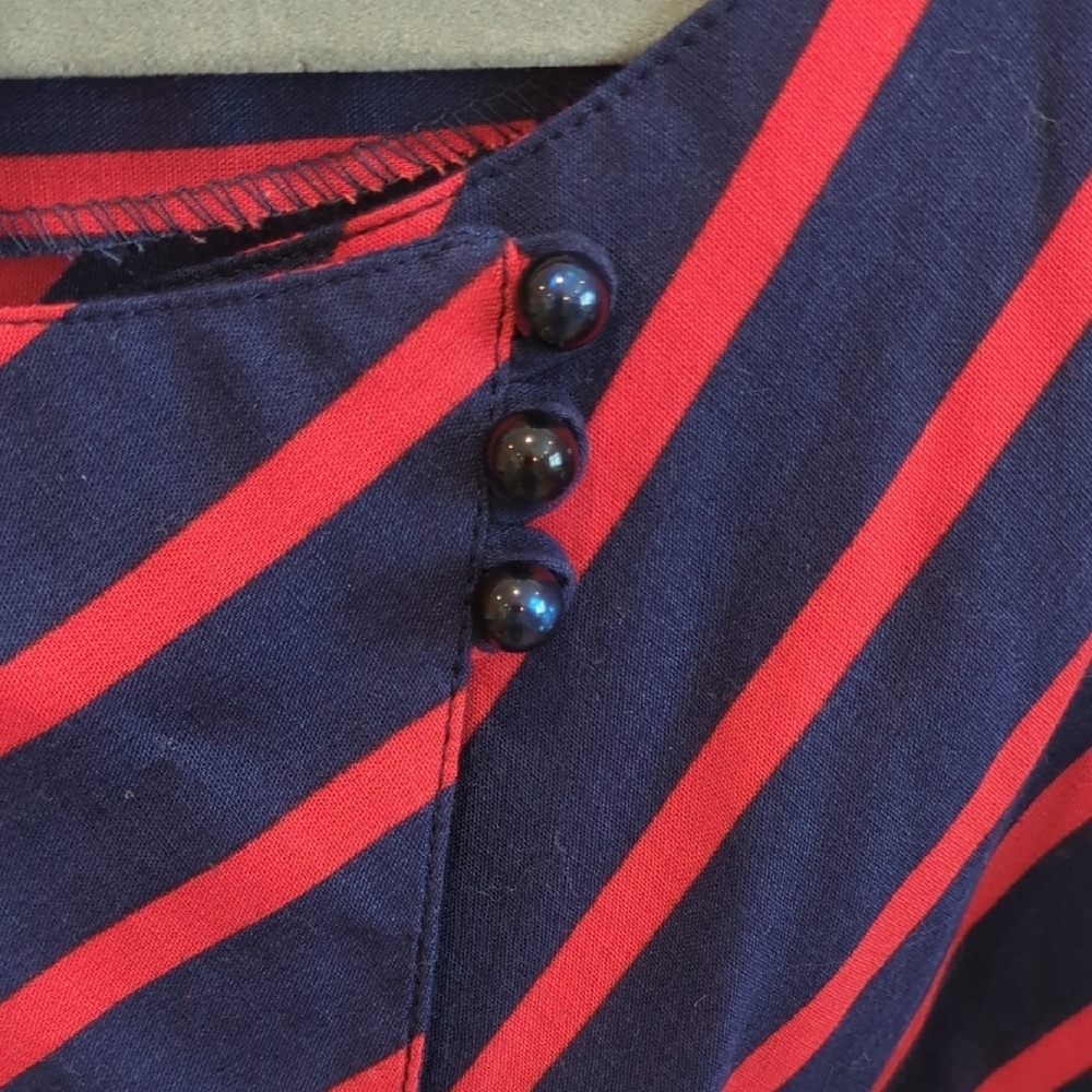 Vintage Lanz Originals 1970s Navy and Red Striped Wrap Dress, EUC - Picture 3 of 9